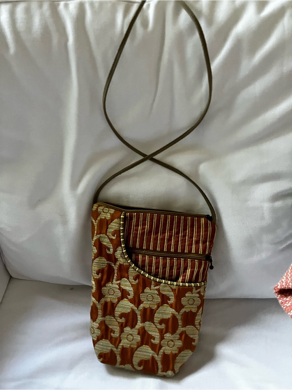 Rust Floral-Pattern Crossbody Bag with Gold Accents